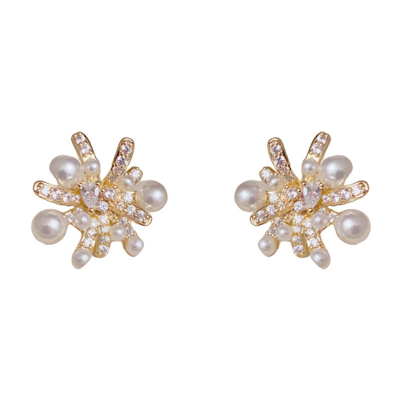 14K Gold Firework Pearl Stud Earrings – Elegant Minimalist Design