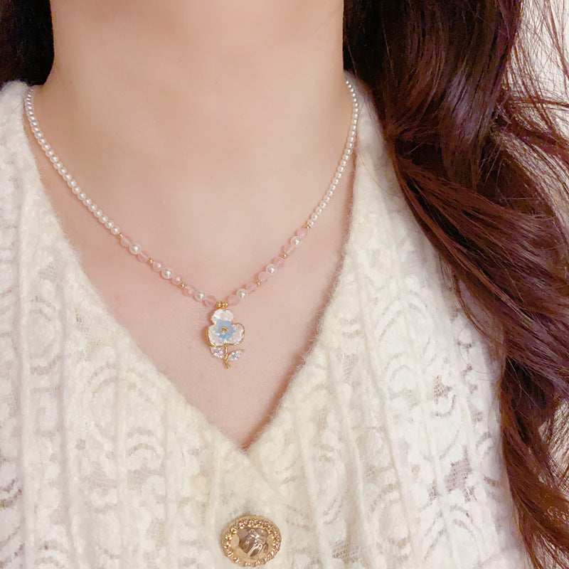 14K Gold Sweet Crystal Flower Bead Pendant Necklace – Pearl Chain