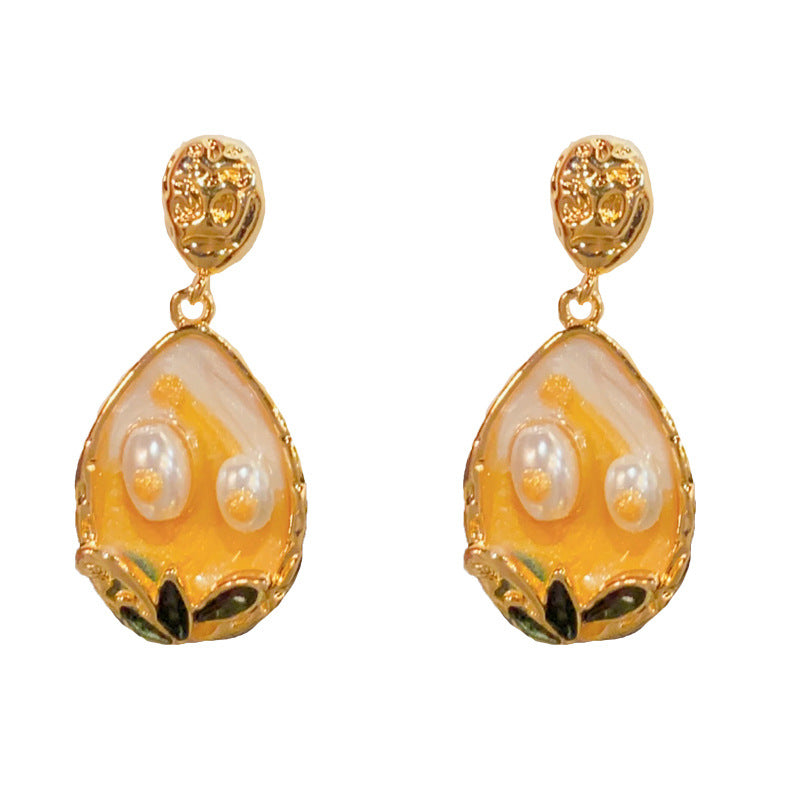 Eaioncol Enamel Painted Flower Pearl Drop Earrings Gold