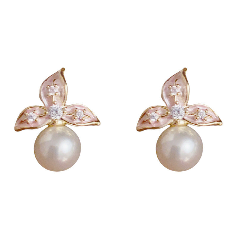 Elegant Three-Leaf Flower & Pearl Stud Earrings – S925 Silver Needle