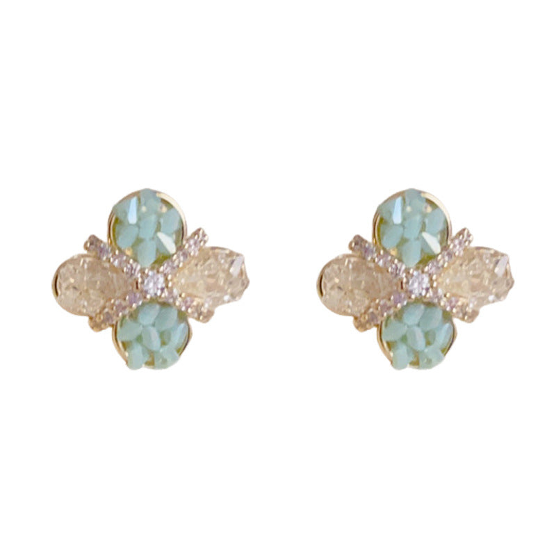 14K Gold Minimalist Crystal Four-Leaf Flower Earrings – Elegant Design