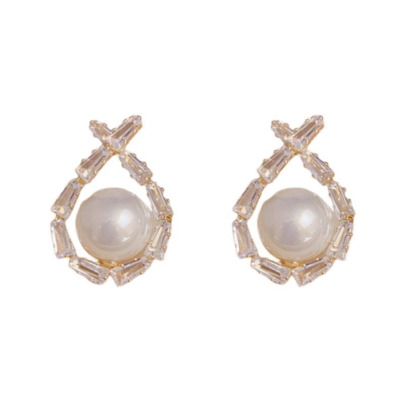 Luxury Zircon Crossed Pearl Droplet Earrings – Elegant Design
