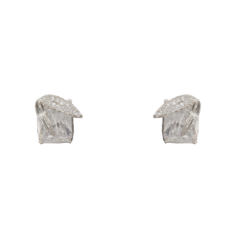 Elegant Zircon Leaf Square Diamond Stud Earrings – Floral Design