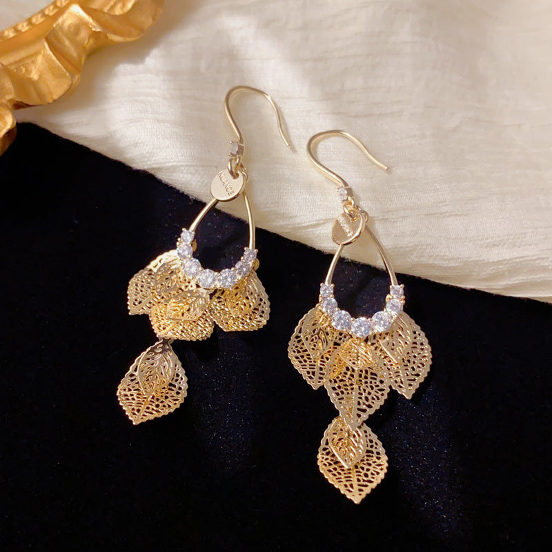 Luxury Zircon Metal Hollow Leaf Tassel Earrings – Elegant Design