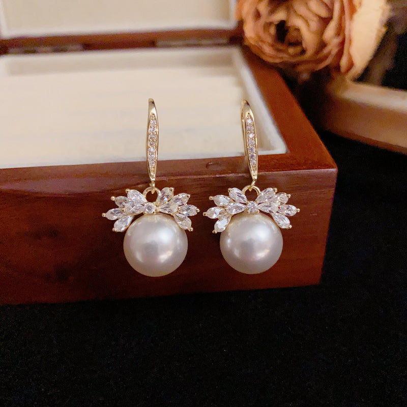 Zircon Leaf & Pearl Ear Hook Earrings – Silver Needle Floral Design