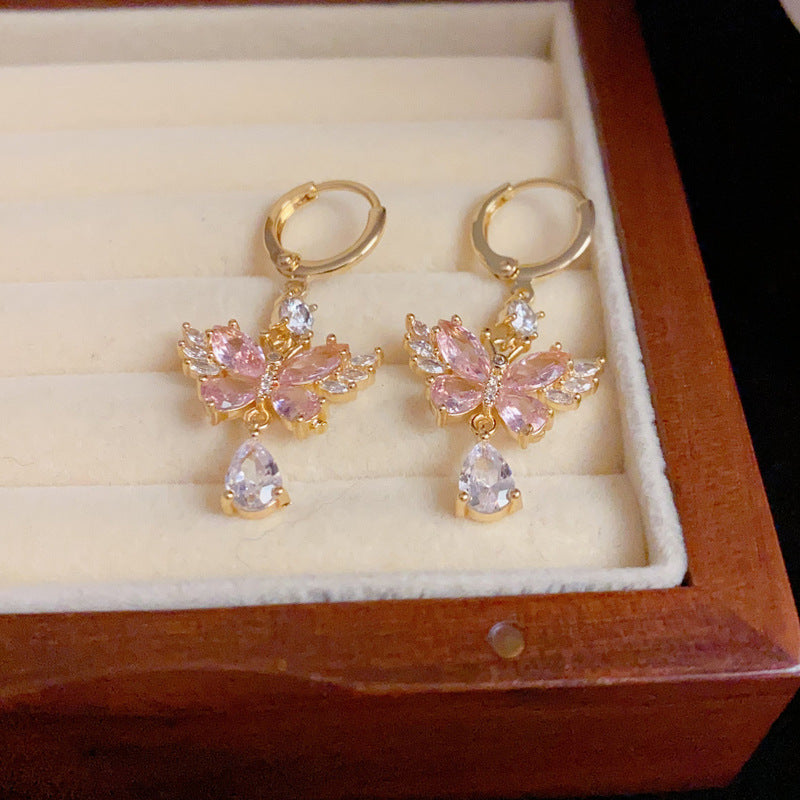 14K Gold-Plated Pink Butterfly Drop Earrings – Sparkling Design