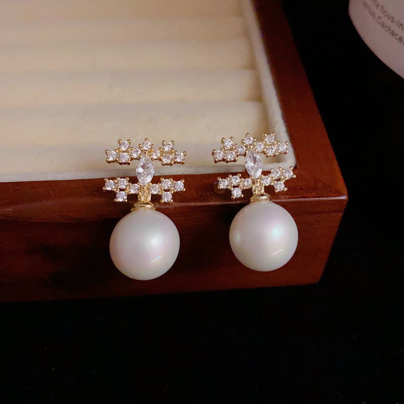 14K Gold-Plated Micro-Pavé Pearl Drop Earrings – Coco-Inspired Design