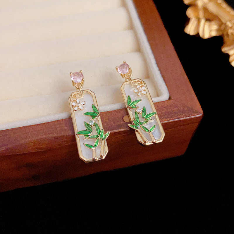 Elegant Zircon Bamboo Leaf Square Gold Earrings – Floral Design