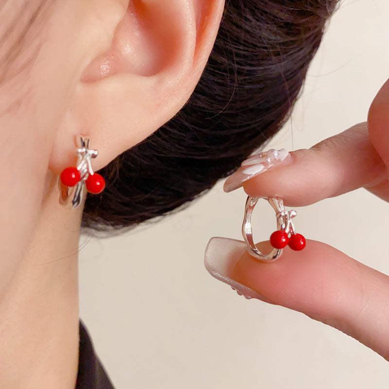 Elegant Thick Silver-Plated Cherry Ear Cuff – French Retro Design
