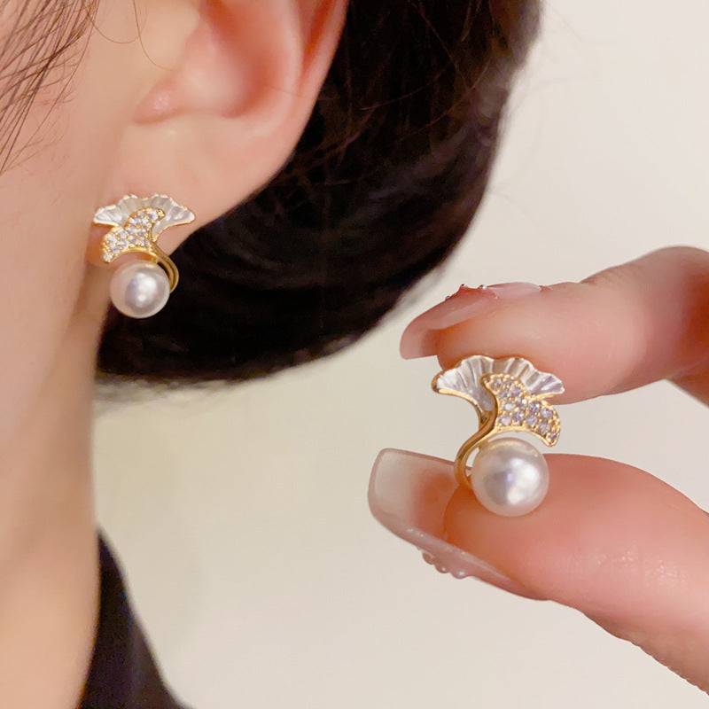 14K Gold Minimalist Double-Layer Ginkgo Leaf & Pearl Stud Earrings