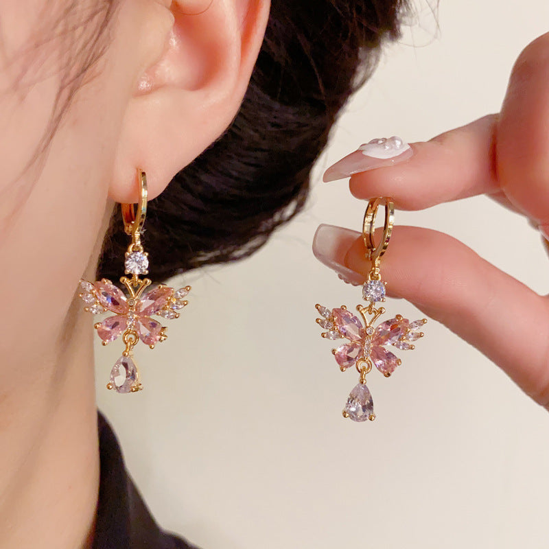 14K Gold-Plated Pink Butterfly Drop Earrings – Sparkling Design