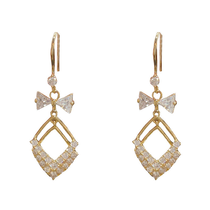14K Gold-Plated Bow Geometric Diamond Shape Ear Hooks - Elegant & Chic