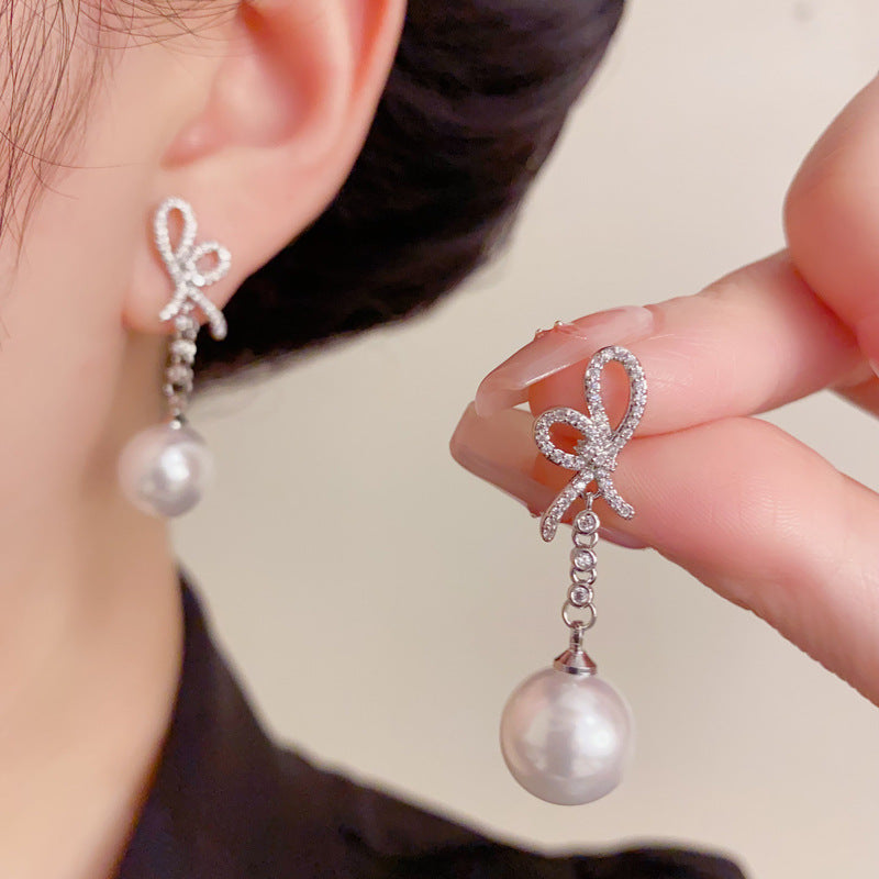Elegant Zircon Butterfly Bow Pearl Tassel Earrings – Minimalist Design