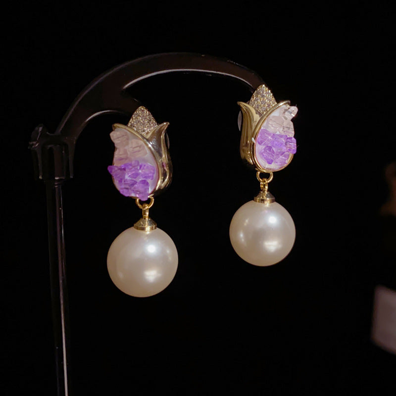 14K Gold-Plated Purple Tulip Pearl Drop Earrings–Elegant Floral Design
