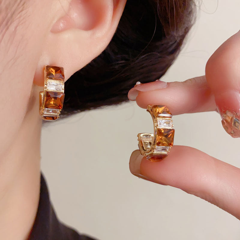 Elegant Zircon Coffee Square Hoop Earrings – Meilard Geometric Design