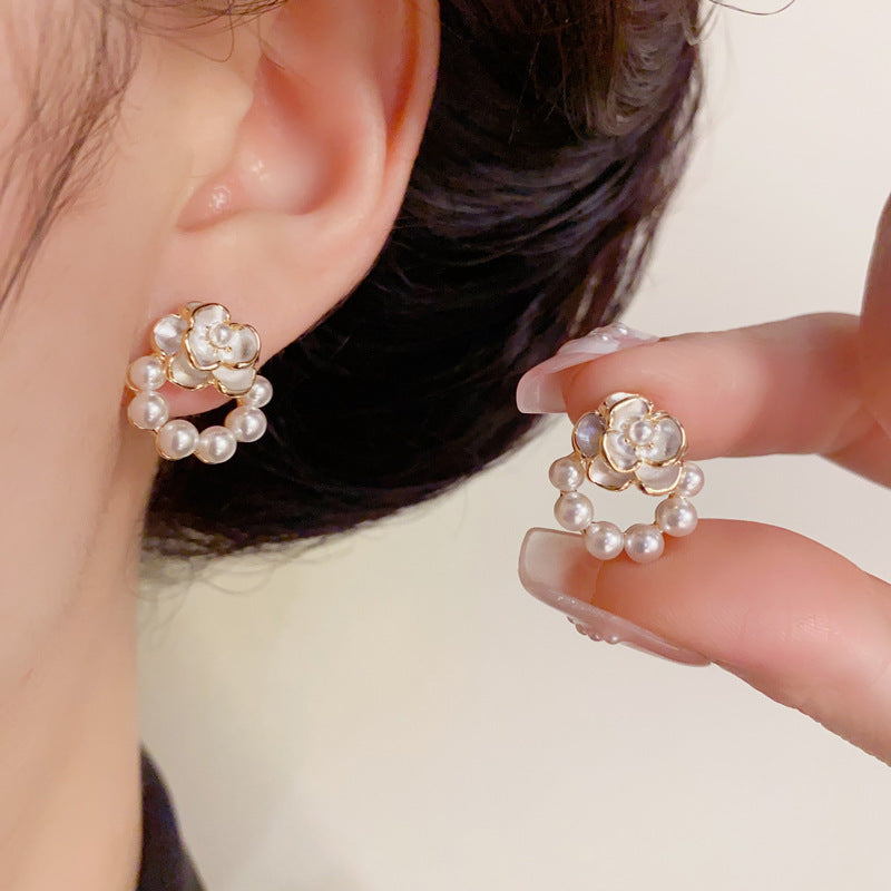 14K Gold Enamel Flower Pearl Stud Earrings – Elegant Minimalist Design