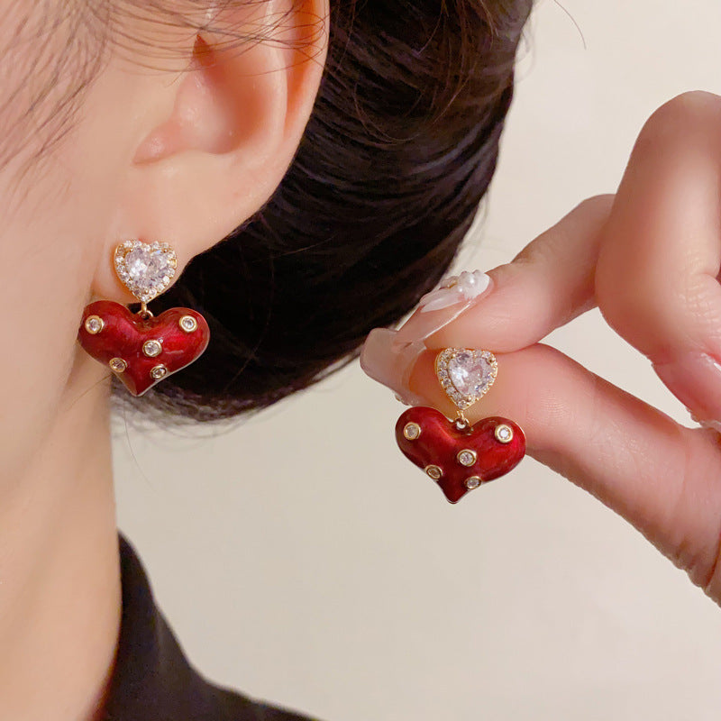 Red Enamel Heart Drop Earrings with Rhinestones – Elegant Design