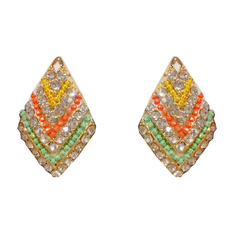 14K Gold-Plated Full Zircon Rhombus Stud Earrings – Geometric Design