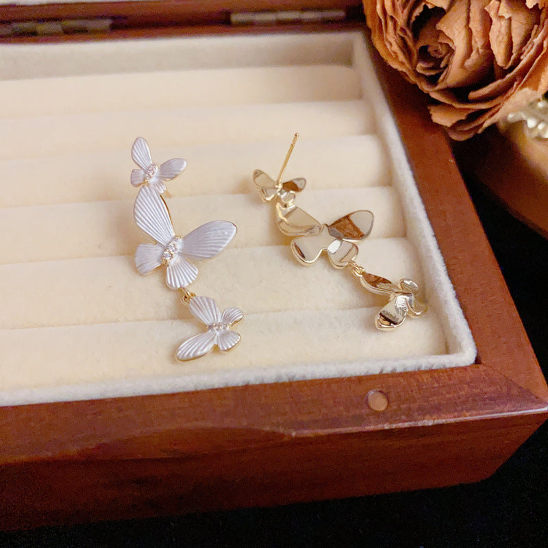 14K Gold Luxury 3D White Butterfly Tassel Drop Earrings–Elegant Design