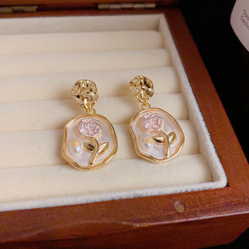 14K Gold Irregular Geometric Rose Drop Earrings– Elegant Vintage Style