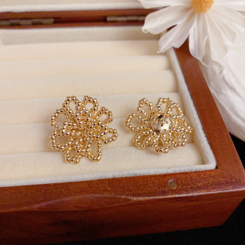 Luxury Beaded Openwork Petal Stud Earrings – Elegant Floral Design