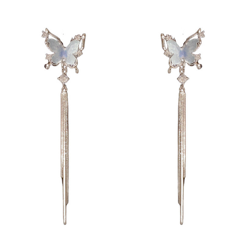 14K Gold Minimalist Blue Butterfly Tassel Drop Earrings – Long Design