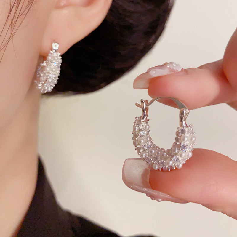 Elegant Full-Zircon Pearl U-Shaped Earrings – Silver Needle Geometric