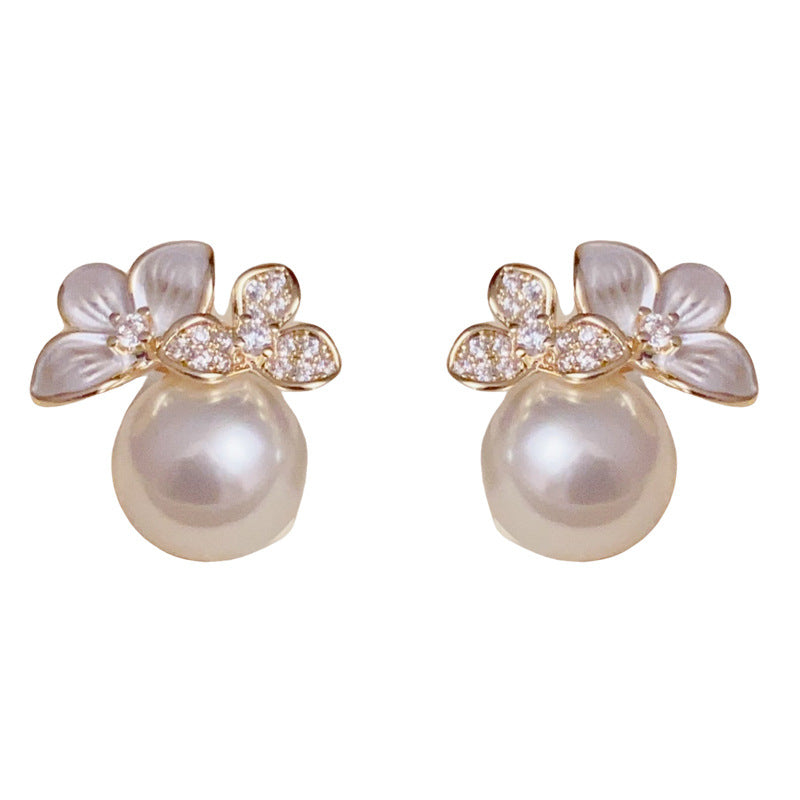 14K Gold-Plated White Enamel Flower Pearl Stud Earrings – Chic Design