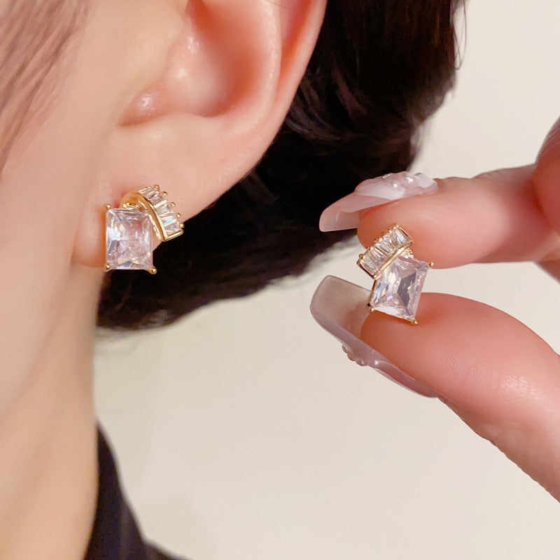 14K Gold-Plated Zircon Square Stud Earrings – Minimalist Chic Design