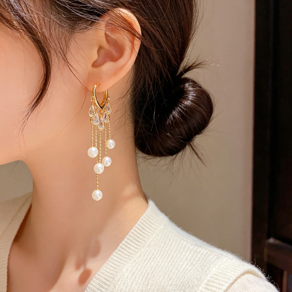 Eaioncol Teardrop Pearl Tassel CZ Earrings Gold Silver