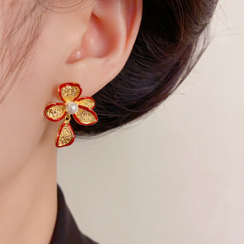 Luxury Red Metal Petal Drop Earrings – French Retro Design