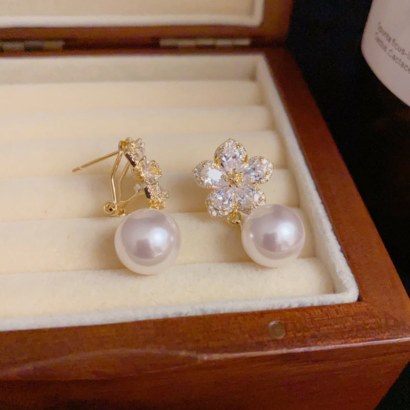 14K Gold-Plated Full Zircon Floral Pearl Drop Earrings Elegant Sparkle