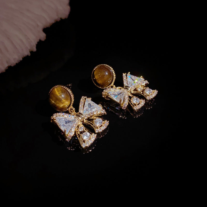 Luxury Zircon Bow & Tiger's Eye Drop Gold Earrings – Elegant Design
