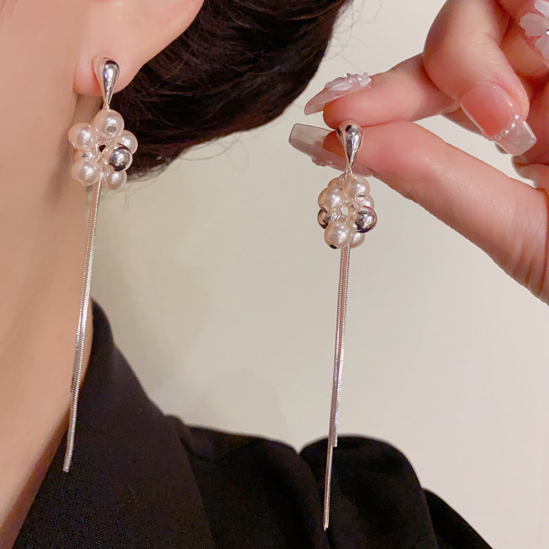 Luxury Silver Teardrop Pearl Tassel Drop Earrings – Elegant Design