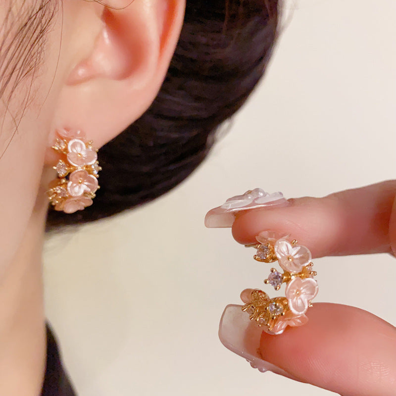 14K Gold-Plated Zircon Floral C-Shaped Hoop Earrings – Sweet Design