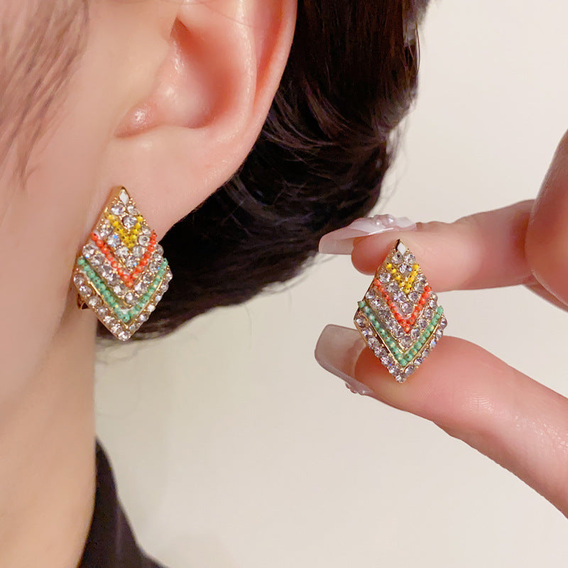 14K Gold-Plated Full Zircon Rhombus Stud Earrings – Geometric Design