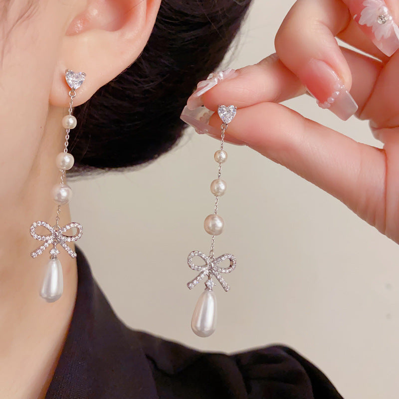 Eaioncol Bow Pearl Tassel CZ Drop Earrings Gold Silver