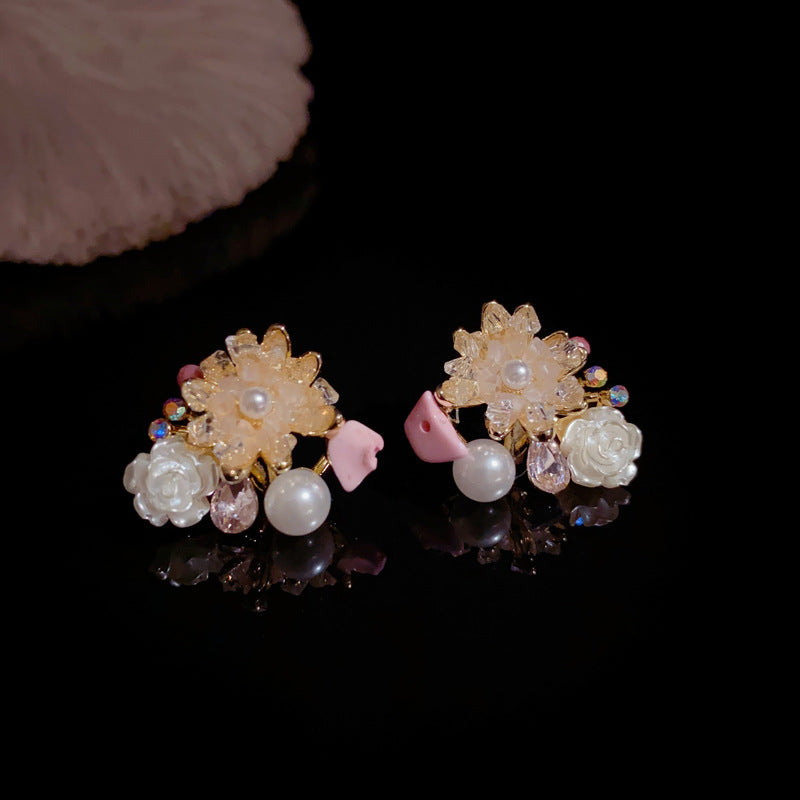 14K Gold Handcrafted Camellia Crystal Stud Earrings – Elegant Design