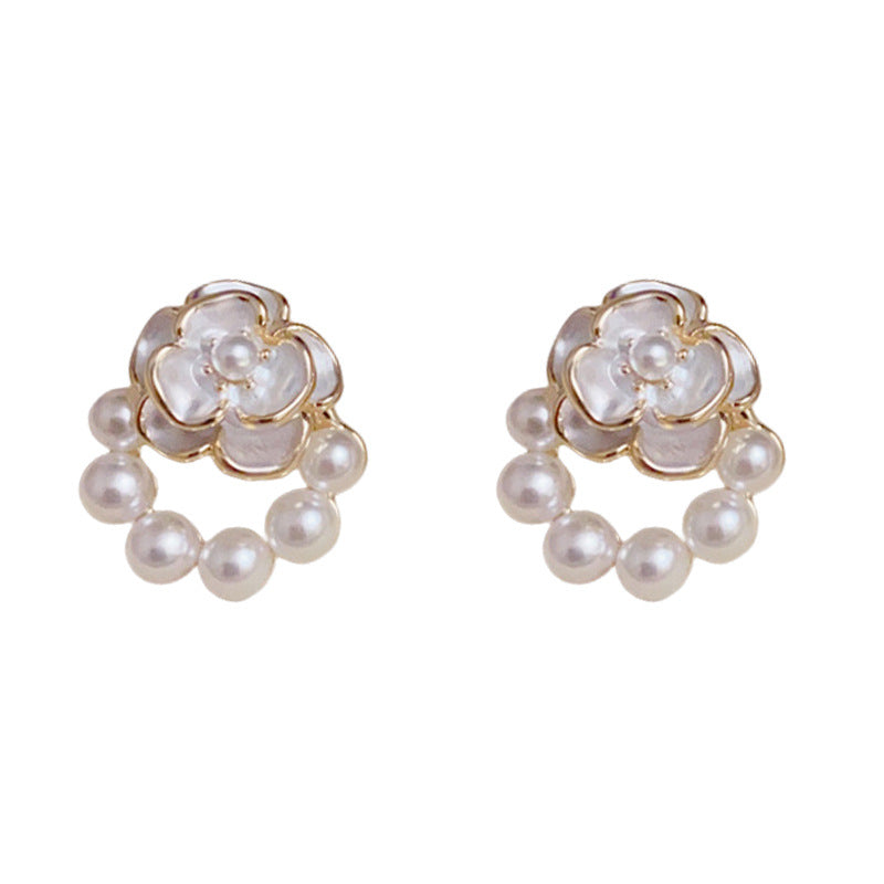 14K Gold Enamel Flower Pearl Stud Earrings – Elegant Minimalist Design