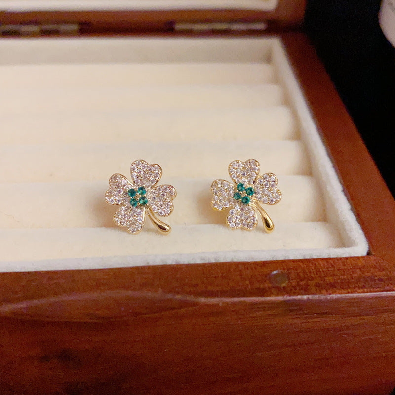 14K Gold Zircon Four-Leaf Stud Earrings - Chic Elegance Design