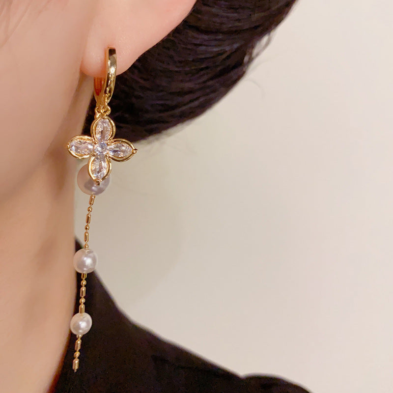 14K Gold Zircon Four-Leaf Flower Pearl Tassel Earrings – Elegant Chic