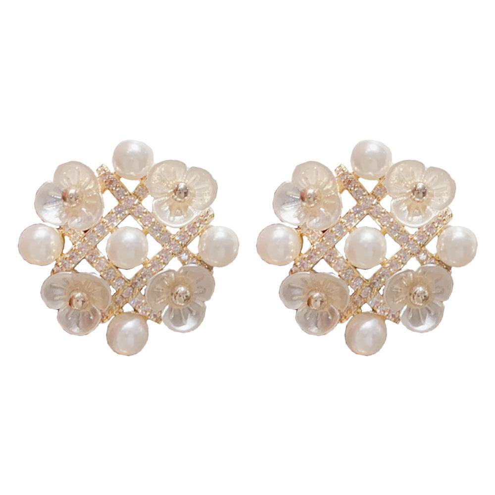 Eaioncol Floral Pearl CZ Petal Stud Earrings Gold Silver
