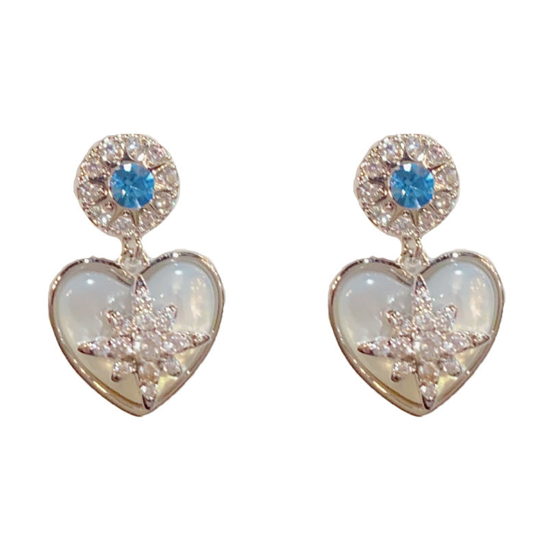 14K Gold Zircon Star & Mother-of-Pearl Heart Earrings – Elegant Design