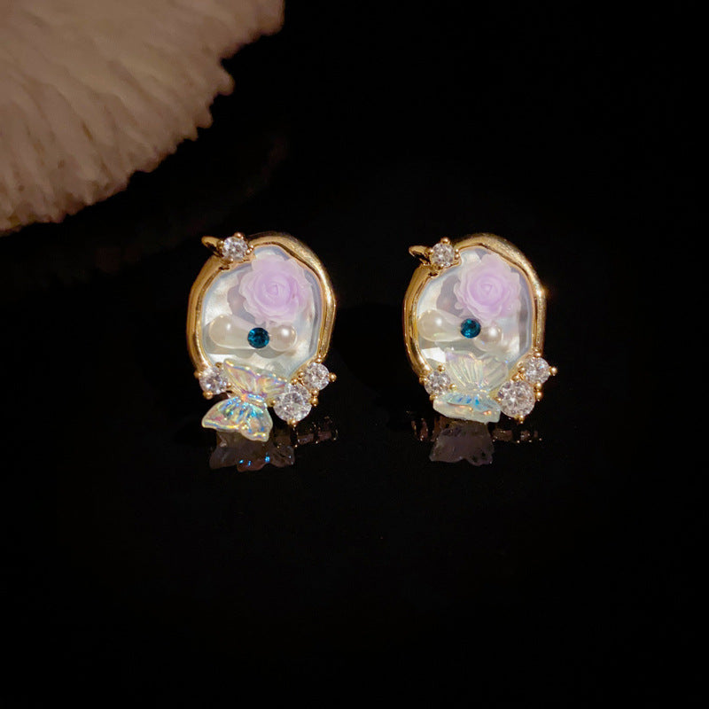 Elegant 3D Flower & Butterfly Oval Stud Earrings – Floral Design