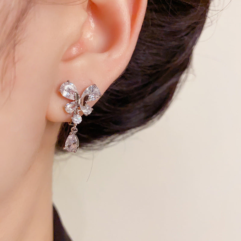 14K Gold Zircon Butterfly Waterdrop Tassel Ear Clips – Elegant Design