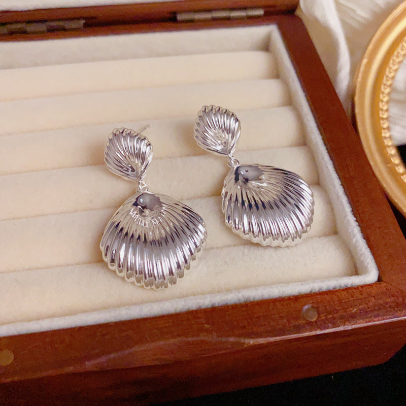 Elegant Textured Metal Shell Drop Earrings – Geometric Design