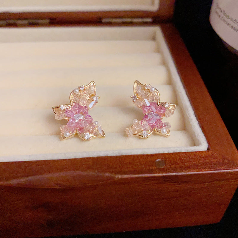 Minimalist Gradient Crystal Butterfly Stud Earrings–S925 Silver Needle