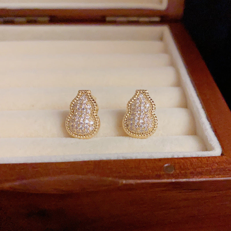 14K Gold-Plated Luxury Full-Zircon Gourd Stud Earrings – Floral Design