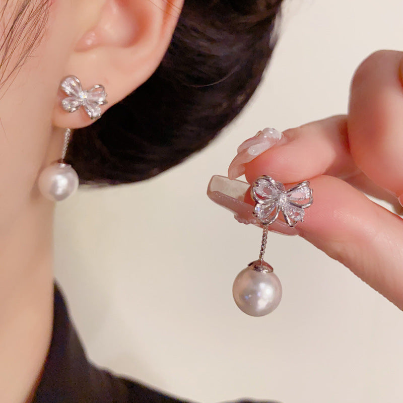 Luxury Zircon Bow & Two-Way Pearl Drop Earrings – Silver Needle Design