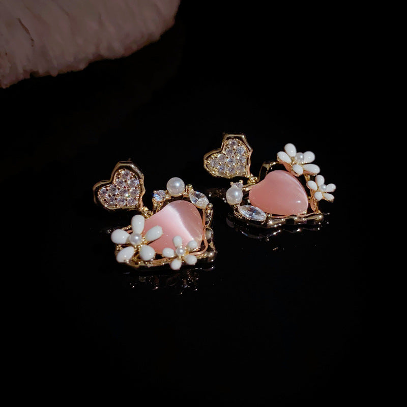 14K Gold Pink Heart Flower Drop Earrings – Sweet & Elegant Design